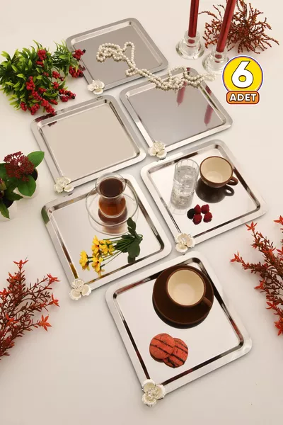 طقم أنتر المكوّن من 6 قطع، صينية تقديم مقاومة للصدأ باللون البني وقابلة للاستخدامات المتعددة، تصميم مربع مزخرف بالأحجار، صينية ديكور