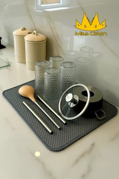 Gri Renk Mikrofiber Bulaşık Kurulama Matı Kurutma Örtüsü Tezgah Üstü Süper Emici * Cm