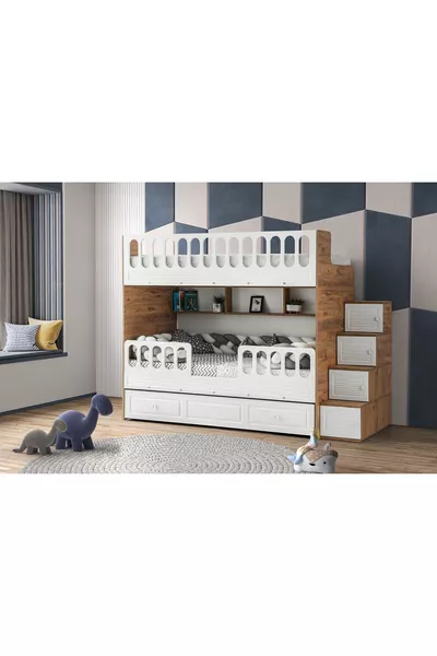 Сгъваемо легло с щори / Бор и бяло / Безплатен монтаж / 3 спални отделения / Стълба с гардероб / 100% MDF