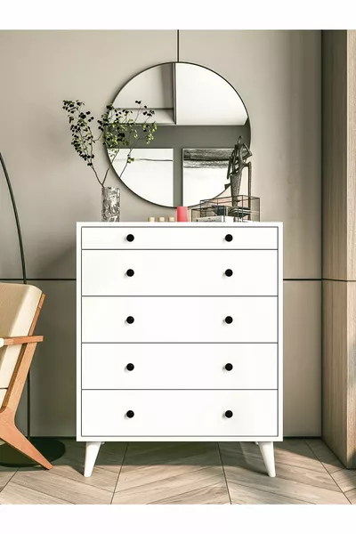 خزانة بيضاء لامعة بخمسة أدراج على طراز الريف، خزانة جانبية خشبية