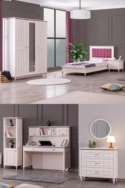 غرفة نوم مراهقين إزجي لوكس - خزانة بثلاث أبواب، سرير، منضدة جانبية، مكتب، كومودينو، مكتبة