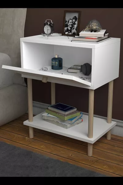 Düşer Kapaklı Raflı Modern Komodin Yatak Odası Başucu Düzenleyici Ahşap Ayaklı Yan Sehpa - Beyaz
