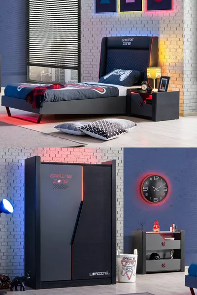 غرفة نوم شبابية بإضاءة LED للألعاب - خزانة ببابين، سرير، منضدة جانبية، كومود