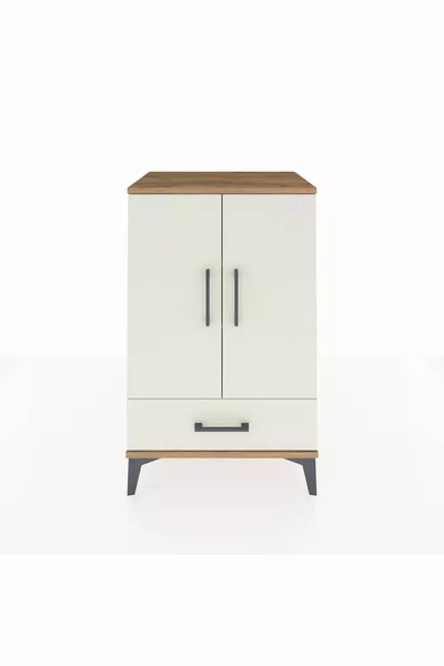 خزانة هايبرون جانبية بستاند ثلاث رفوف ودرج واحد وغطائين من خشب الصنوبر ولون الميكا