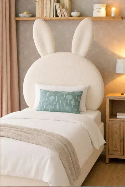 Yatak Başlığı, Beyaz Peluş, Tek Kişilik Baza Başlığı, Tavşan Peluş yatak başlığı