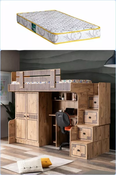 Bunk Bed, Natural Bunk Bed with Desk and Cabinet 1 Comfort Mattress
