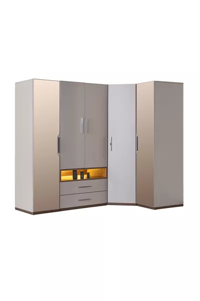 غرفة نوم شبابية - خزانة بأبواب خمس مع مرآة، سرير، منضدة جانبية، مكتب دراسة، مكتبة