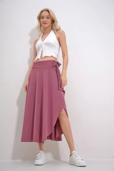 Women's Dried Rose Asymmetrical Cut Waist Tie Skirt 