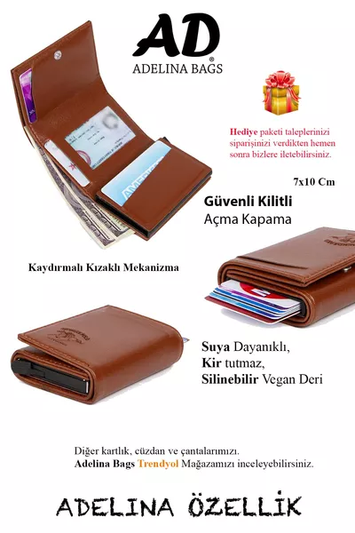 Adelina Unisex Bruine Leren Automatische Kaarthouder Portemonnee met Schuifsysteem