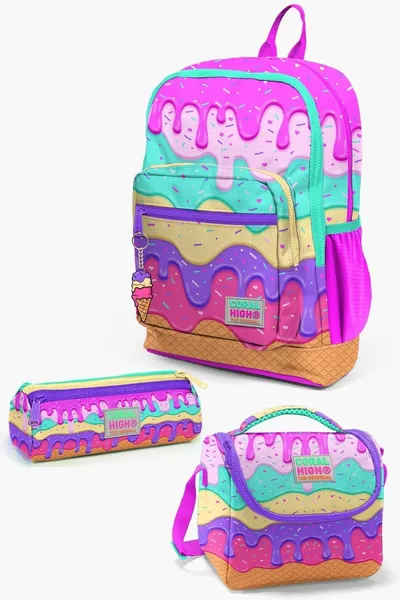 Kids Pink Colorful Ice Cream Pattern 3-Piece School Bag Set 