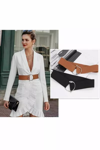 مجموعة حزام أنكا للنساء، حزام خصر مطاطي أسود وبني، حزامين لفستان