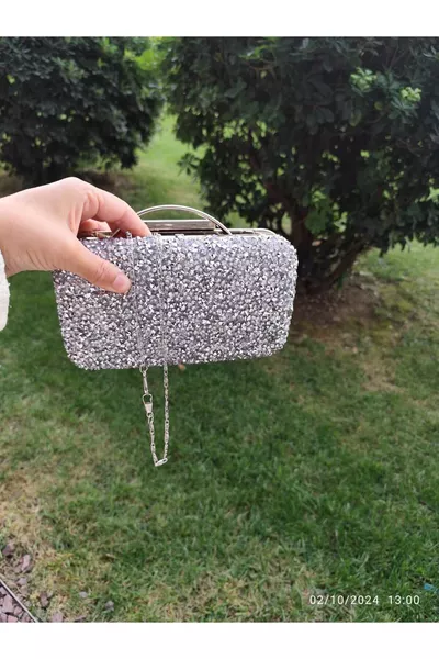 حقيبة سهرة فضية جديدة بنقوش كبيرة