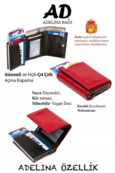 Adelina Unisex Rood Aluminium Mechanisch Glijdend Kaarthouder Portemonnee Accessoire