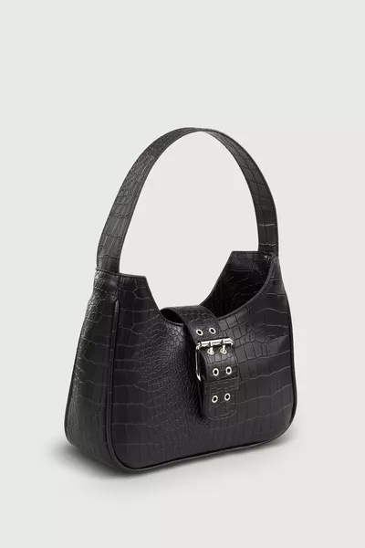 حقيبة باجيت نسائية بنقشة تمساح وسنادة سوداء 