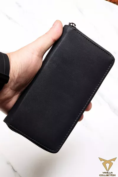 Telefon Bölmeli Unisex Deri Portföy Kartlık Uzun Cüzdan Crazy Siyah