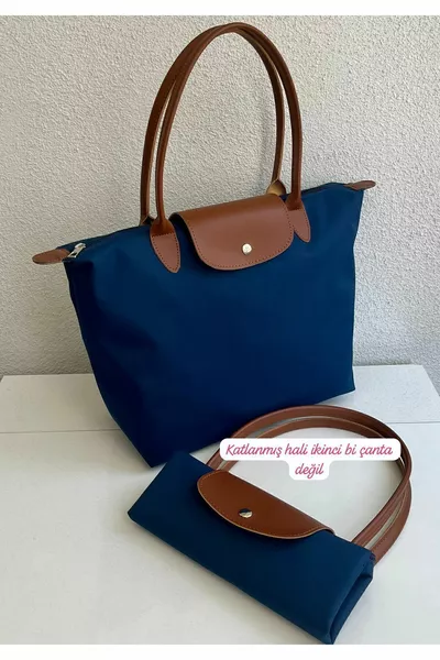 Foldable Zippered Large Navy and Tan Women's Hand and Shoulder Bag