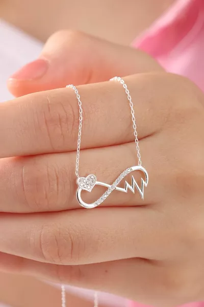  Sterling Silver Chain Necklace with Zircon Stones, Rhythm Heart Infinity Design