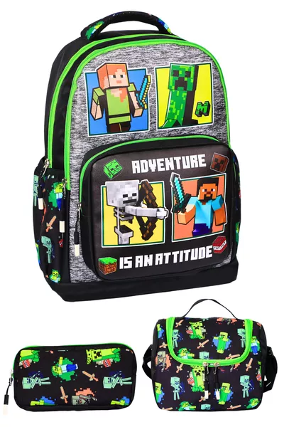 3-Piece Elementary School Green Printed Boys' Backpack with Lunch Box and Pencil Case