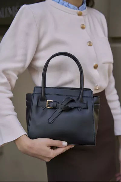 Black Women's Mini Hand and Shoulder Bag with Buckle Detail