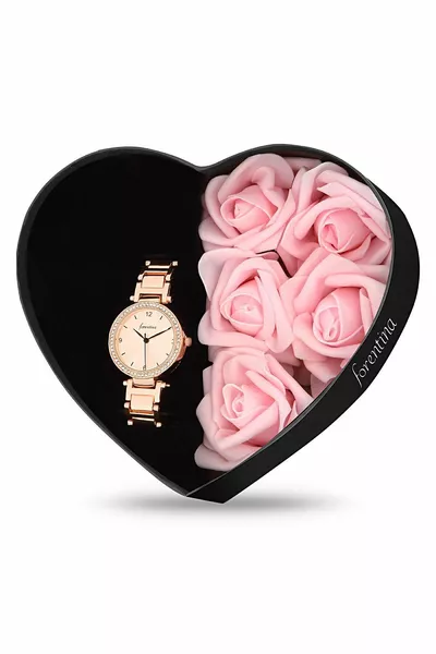 Orologio da polso da donna in metallo rosa - Confezione regalo con rose finte rosa - tr