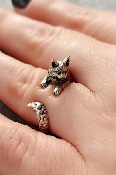 Antique Silver Plated Handmade Adjustable Cat-Shaped Women's Ring