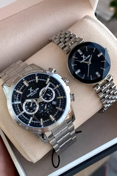 ساعة يد مزدوجة للأحبة بسوار فولاذي مع ضمان عام وهدية سوار