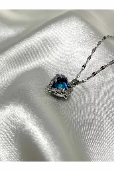 Collana con ciondolo a cuore in cristallo blu di acciaio di alta qualità Silver  cm Cuore dell'Oceano