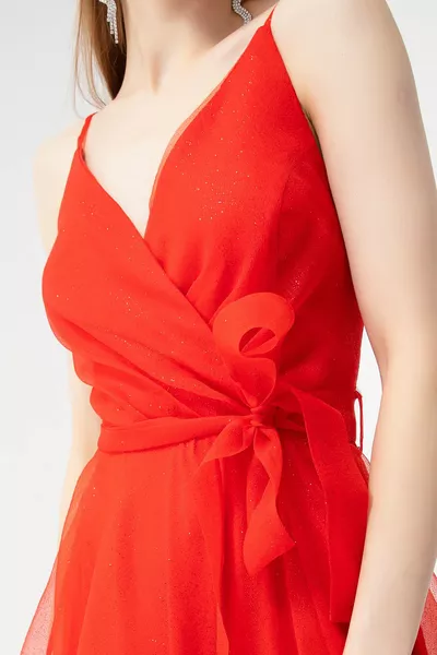 المرأة الأحمر مزدوج الصدر طوق حزام طويل بريق مساء اللباس