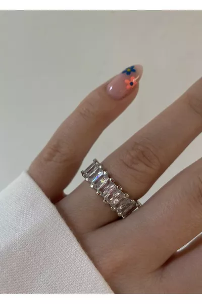 Silver Color Half-Round Baguette Ring