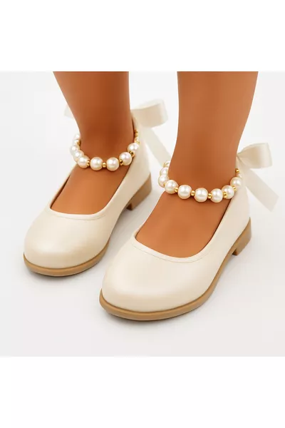 Блестящие жемчужные детские балетки с бантом и жемчужными деталями