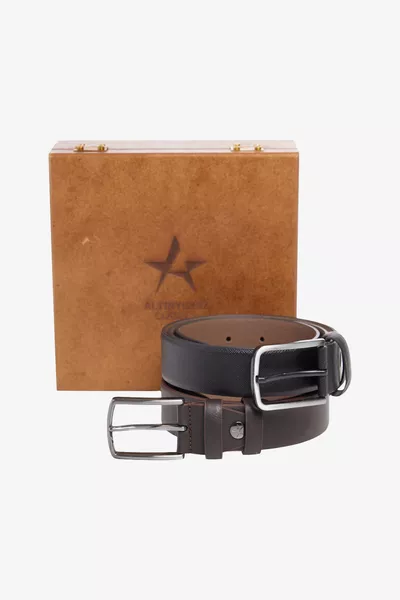 Men's Black-Brown Special Wooden Gift Box 2-Piece Casual Belt Set Groom's Gift Set