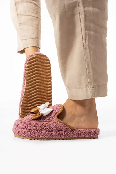 Вишнево червени дамски чехли с папион за зима