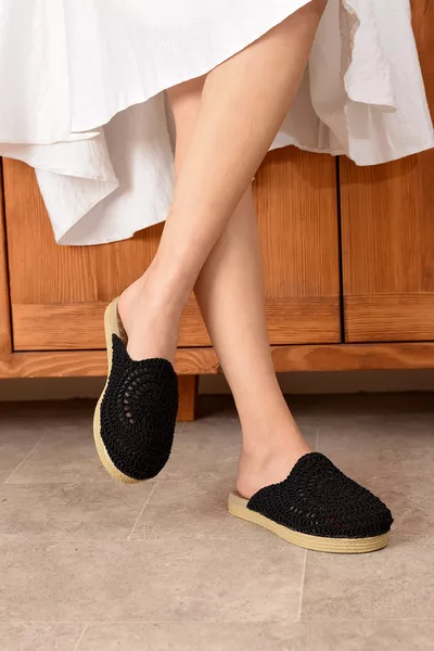 Samira Damenhausschuhe aus gestricktem Stoff mit Stickerei, komfortabel für den täglichen Gebrauch, Bast, ideal für Urlaub und Mitgift