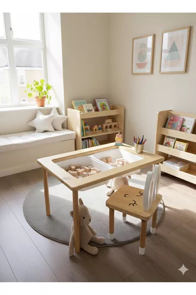 طاولة نشاط للأطفال خشبية ومجموعة كرسي واحد - سبورة سوداء