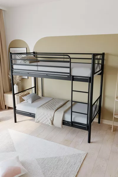 سرير بطابقين من الميتال الفاخر متوافق مع الأسرة، أسود قابل للفصل