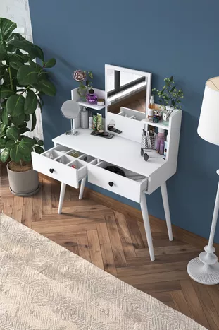 Rani Coiffeuse avec 2 tiroirs, étagères et miroir, organiseur de bijoux, blanc