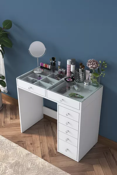 راني طاولة مكياج مع 7 أدراج وعلبة زجاجية لتنظيم المجوهرات باللون الأبيض