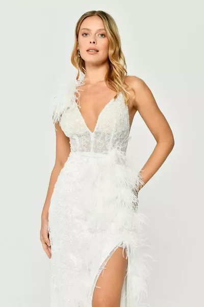 Cinturino in corda posteriore Cinghia in corda con scollo a V in tessuto di paillettes bianco Abito da sera e abito da laurea -bianco