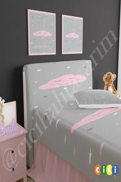 Baza Başlık Kılıfı Gri Zemin Pembe Bulut