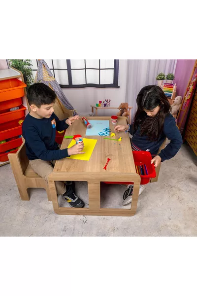 2-Person Drawer Play, Activity, Event Table, Walnut-Orange MDF