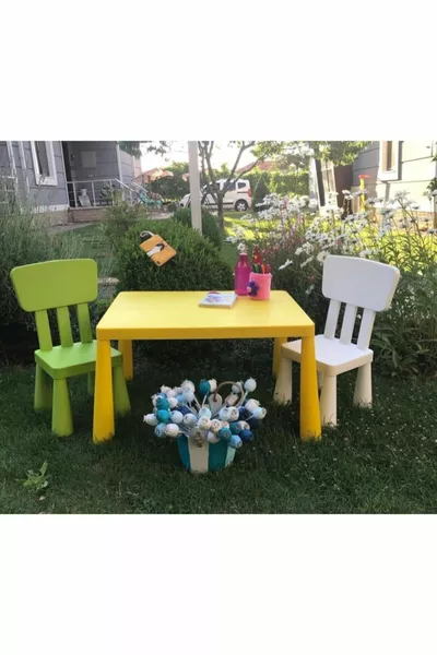 Yellow Mammut Kids Table with Green and White Chair Set