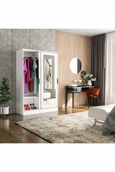 Шкаф с зеркалом Berceste Beyaz, 2 раздвижные дверцы, 8 отделений