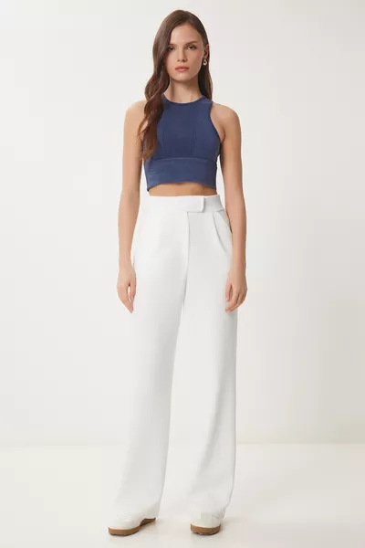 بنطال بالازو مريح بخصر لاصق أبيض 