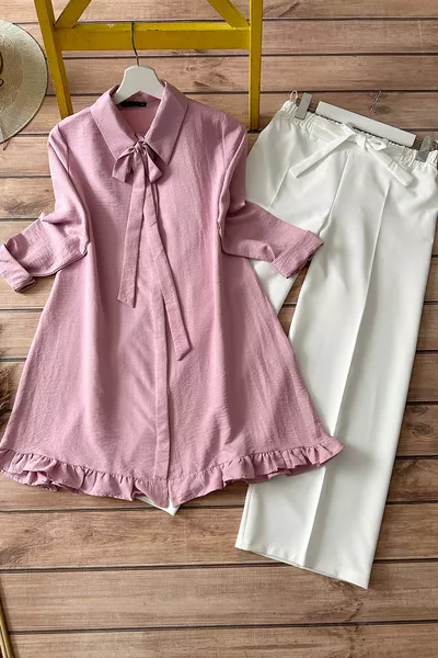 Комбинированная лента, оборка, туника и брюки-пудра