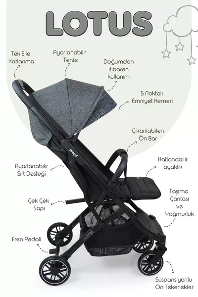 Landau bébé pliable Lotus à une main + Protection contre la pluie