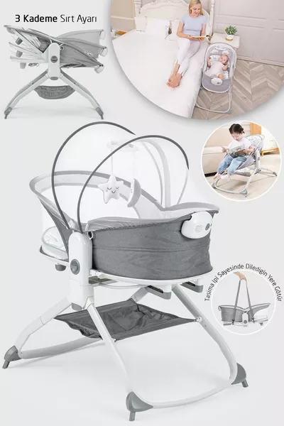 ميرا مهد بجانب الأم ومقعد هزاز موسيقي مع اهتزاز تدريجي باللون الرمادي الداكن