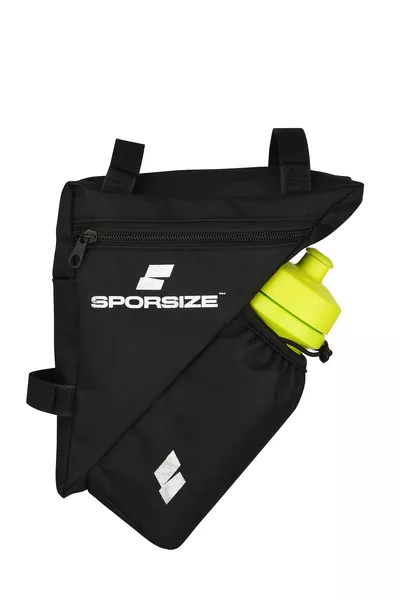 Schwarze wasserdichte Tasche zwischen den Fahrradrahmen mit Trinkflaschenfach - Trinkflasche nicht im Preis enthalten.