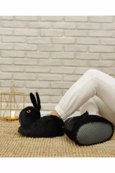 Plush Rabbit Figure Black House Flats with Soft Non-Slip and Noise-Free Sole