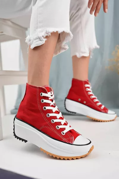 Semelle épaisse Baskets longues en lin rouge pour femme