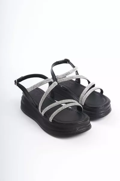  Orthopedic Sole Women Sandals ST Black with Thin Buckle Stone Stripe